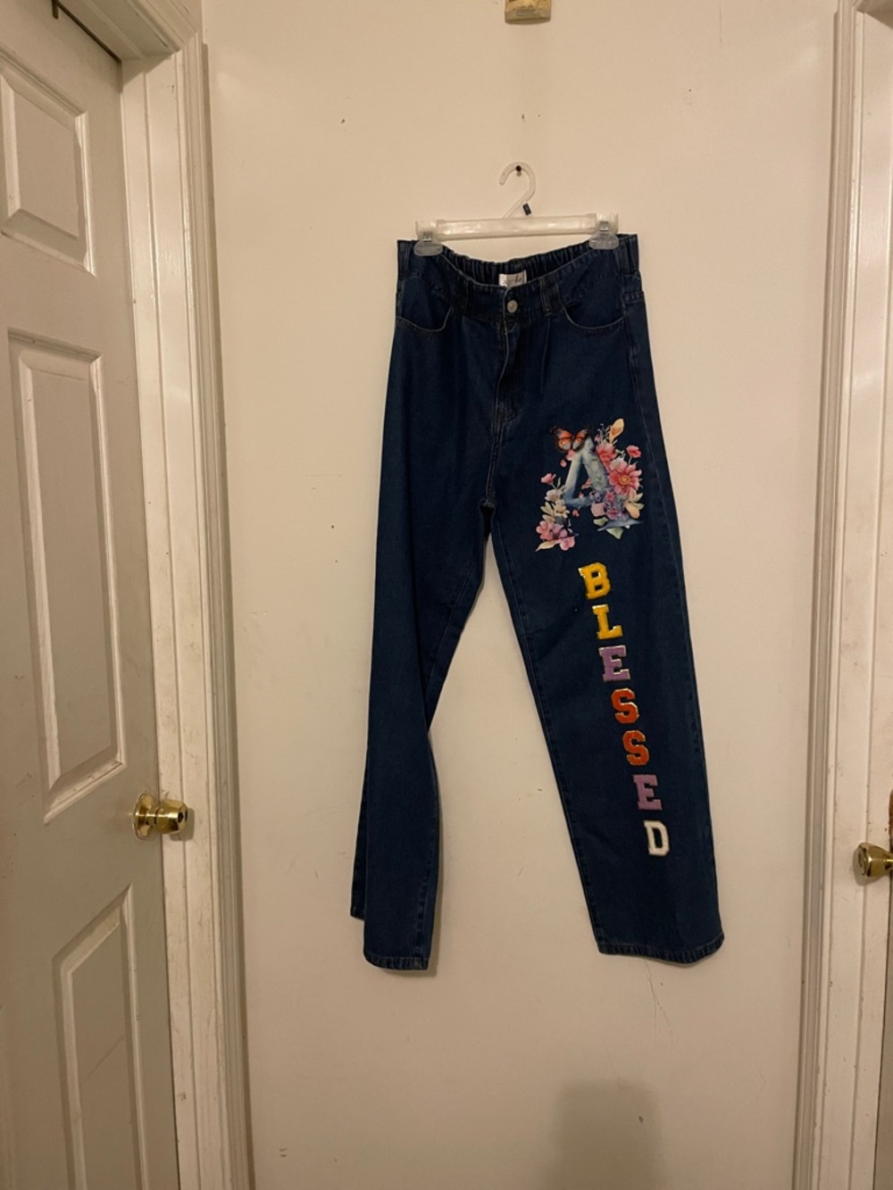 just be Dark Blue Jeans with Floral 'BLESSED' Appliqué